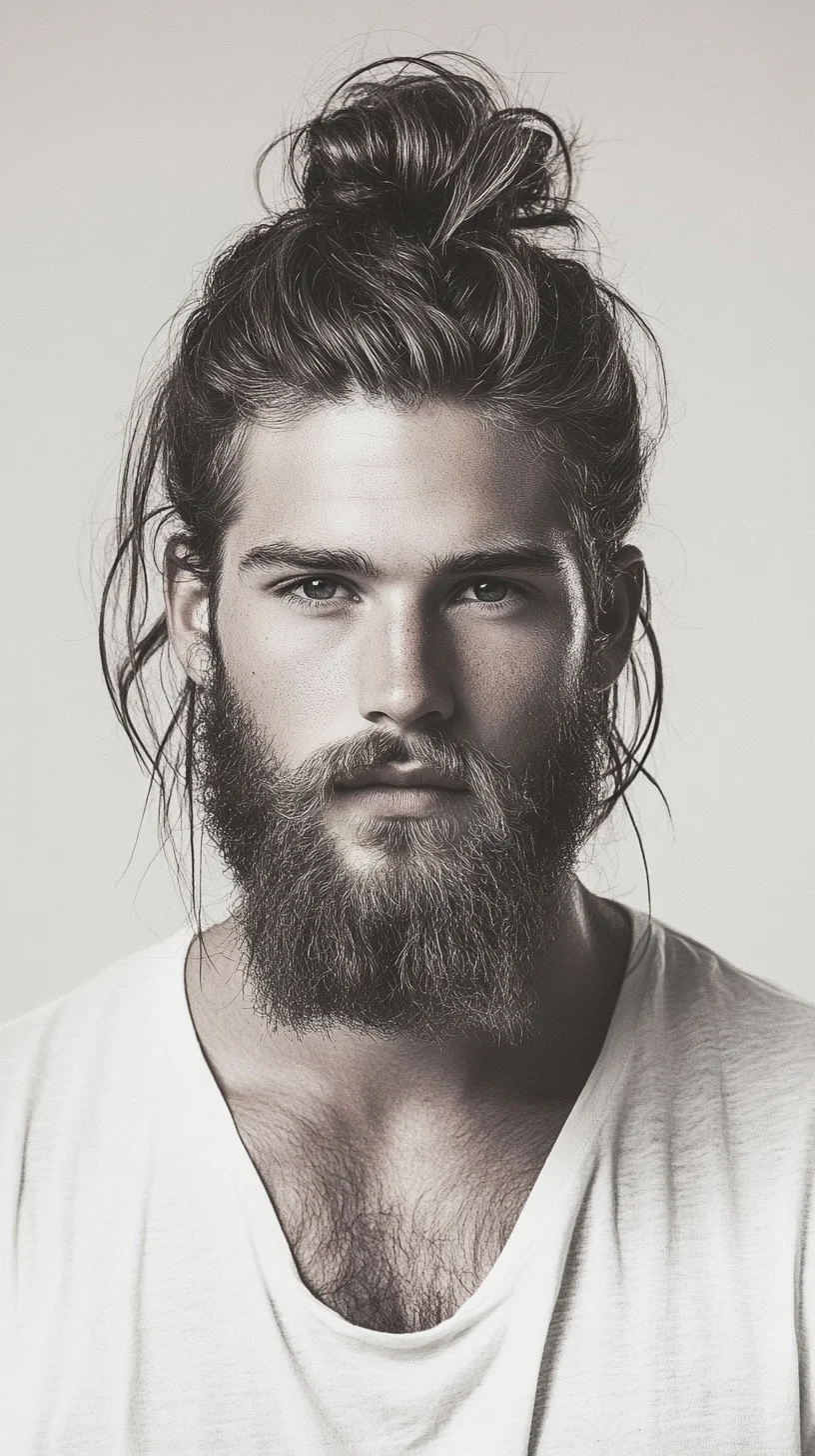 Effortlessly Cool: The Versatile Man Bun with Bold Beard