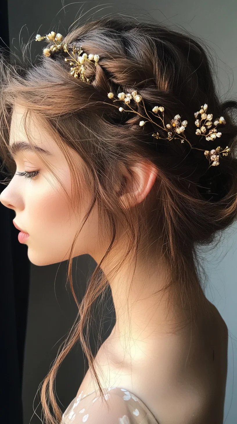 Effortlessly Elegant Braided Updo with Floral Accents for Every Occasion