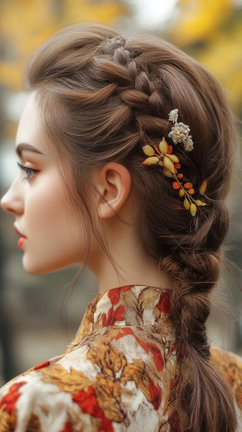 Effortlessly Elegant Braided Updo with Floral Accents