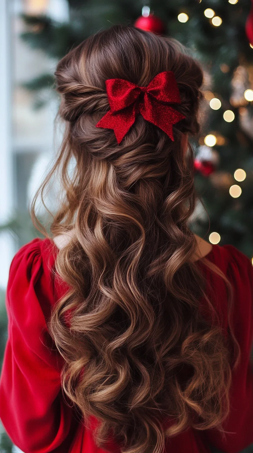 Effortlessly Elegant Half-Up Style with Glamorous Curls and a Festive Bow