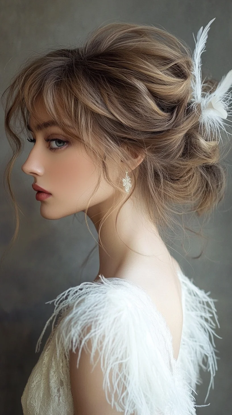 Effortlessly Romantic Updo with Delicate Textures and Soft Bangs