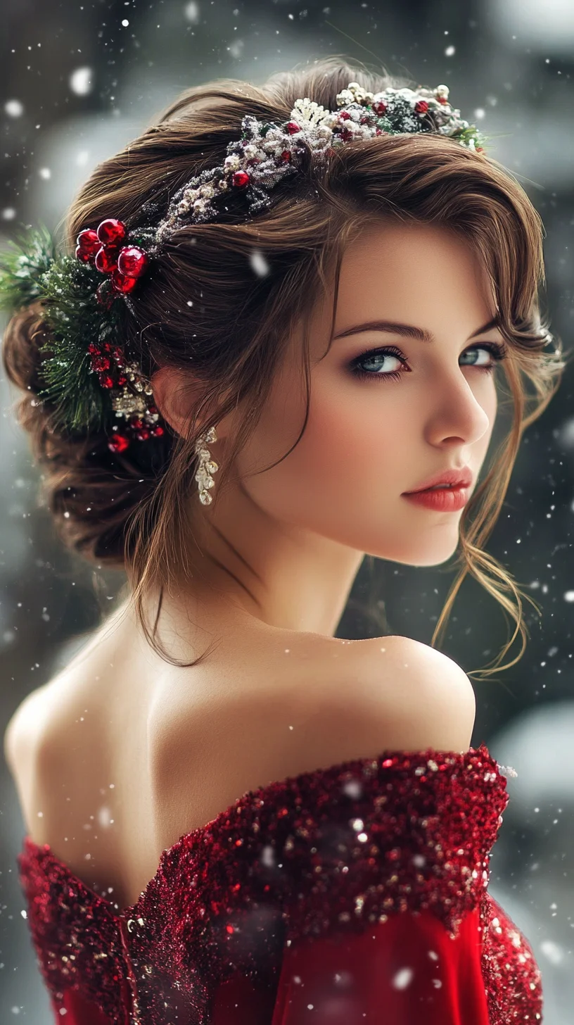 Elegant Holiday Updo with Floral Accents for a Timeless Glamour