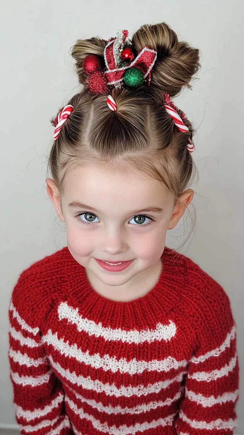 Fun and Festive Holiday Hairstyle with Twisted Buns and Candy Accents