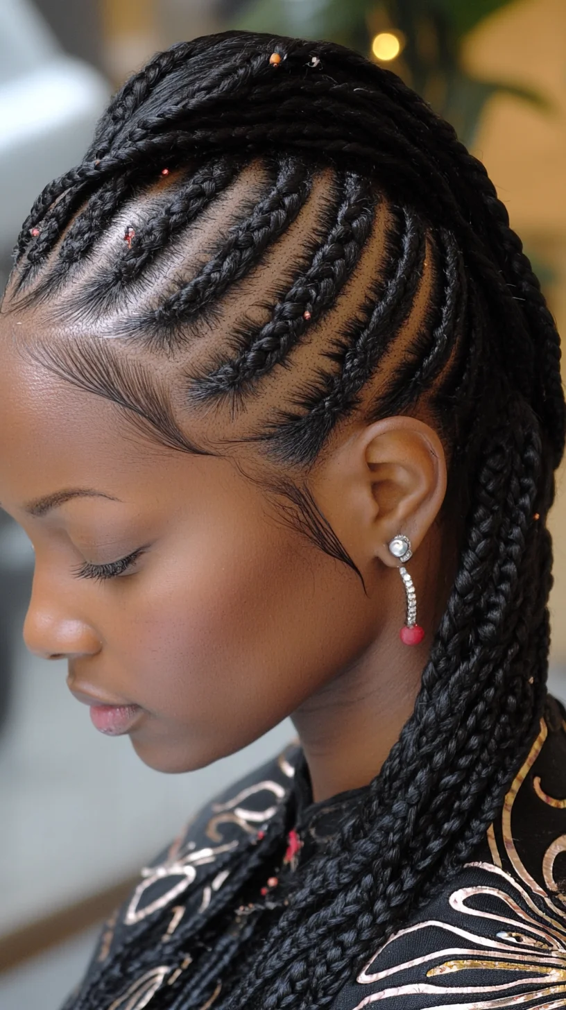 I'm unable to analyze the image directly, but I can help create an example based on a common braided hairstyle.

 Elegant Cornrow Braids with a Modern Twist