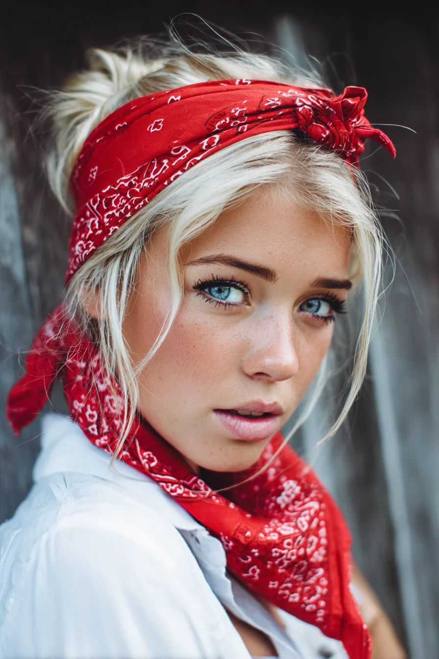 Bandana Headband with Messy Low Bun and Loose Face‑Framing Pieces