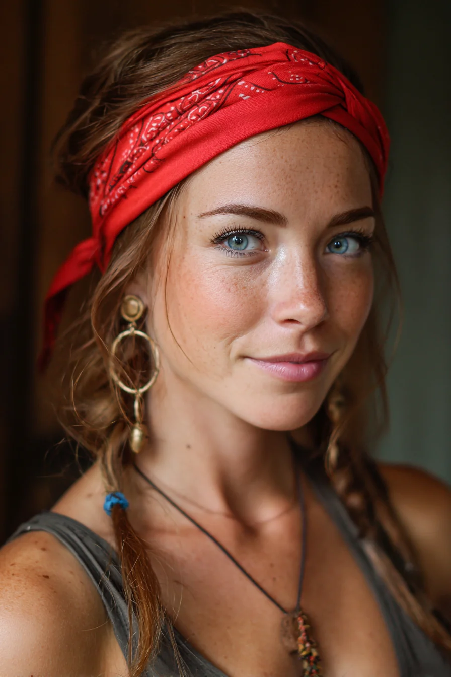 Boho Bandana Headband with Loose Double Braids — Textured Low Braids