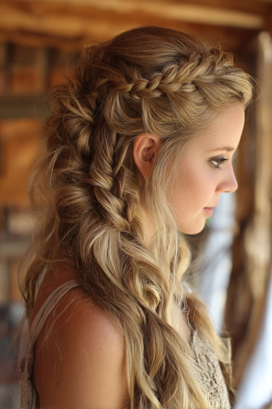 Boho Half-Up Braided Crown with Loose Fishtail and Waves