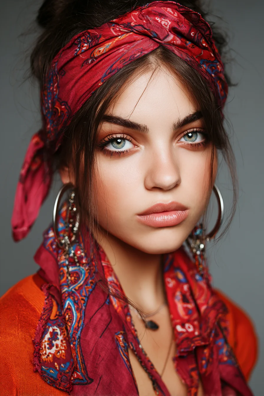 Boho Headscarf with Face‑Framing Layers — Textured Low Bun for Medium to Thick Hair