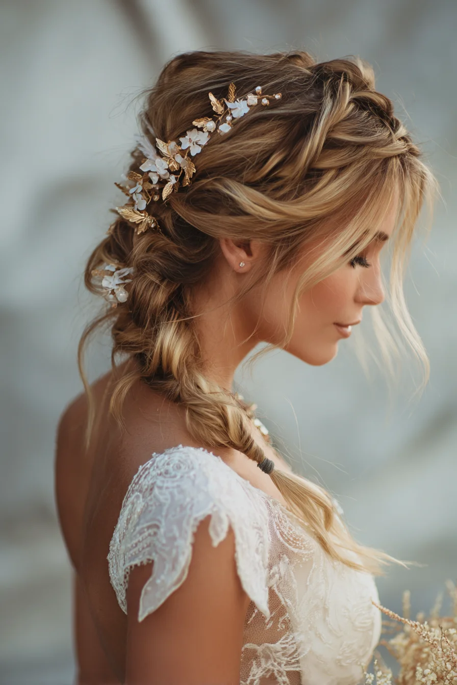 Boho Textured Crown Braid with Loose Low Braid — Bridal/Occasion Hairstyle