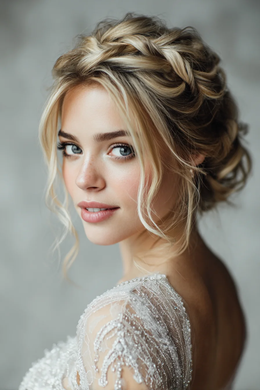 Braided Crown Romantic Updo with Face‑Framing Tendrils