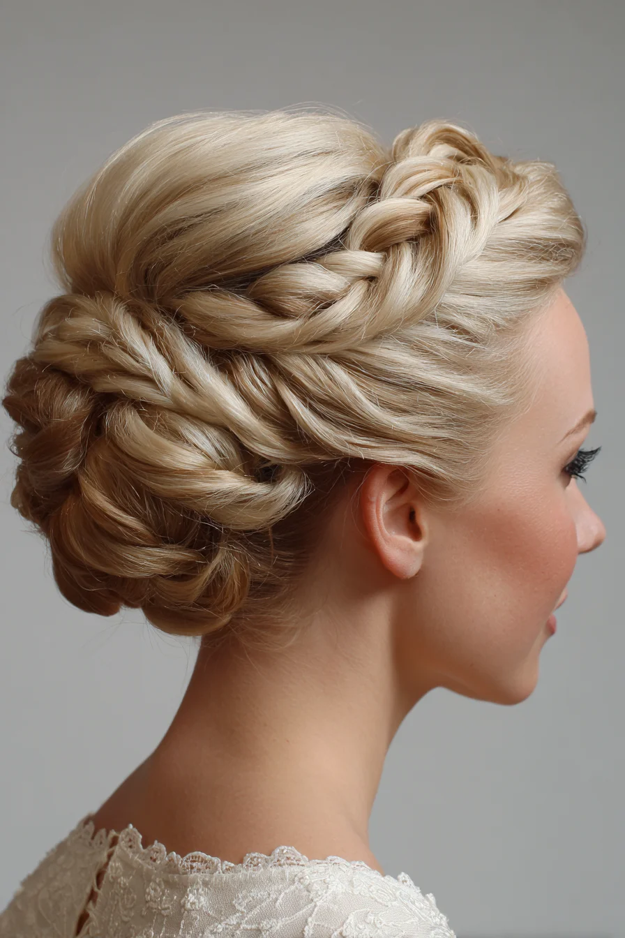 Braided Crown Updo with Low Textured Bun — Elegant Bridal/Bridesmaid Style