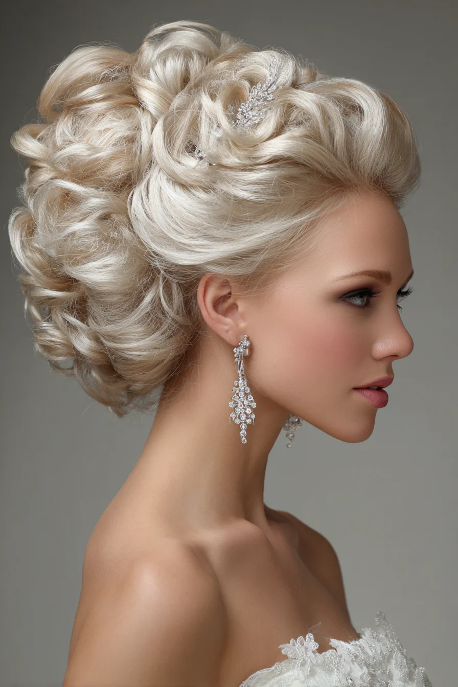 Bridal Voluminous Rolled Updo with Soft Curls and Decorative Pins