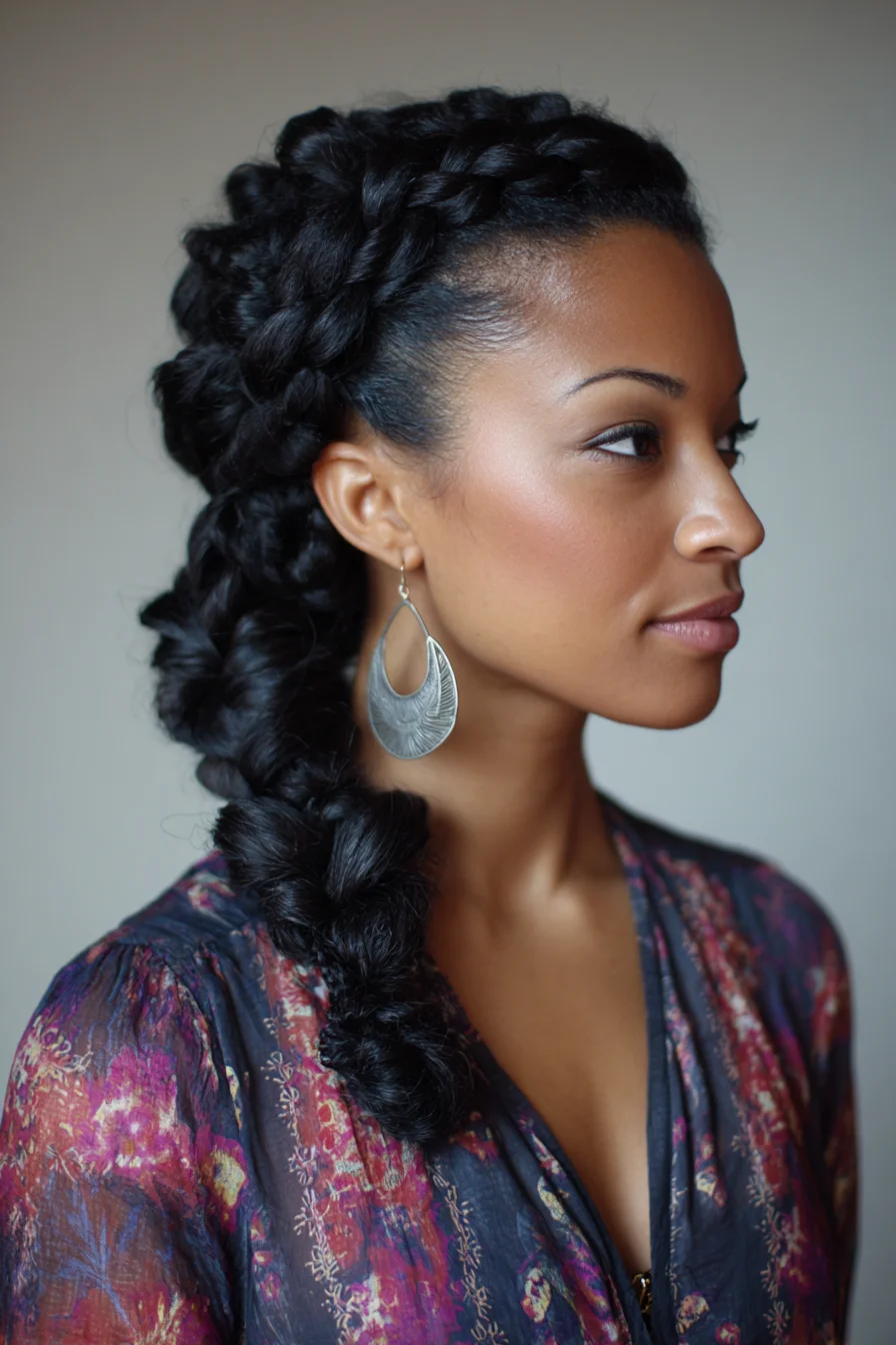 Chunky Pancake Dutch Crown-to-Side Braid — Voluminous Protective Style
