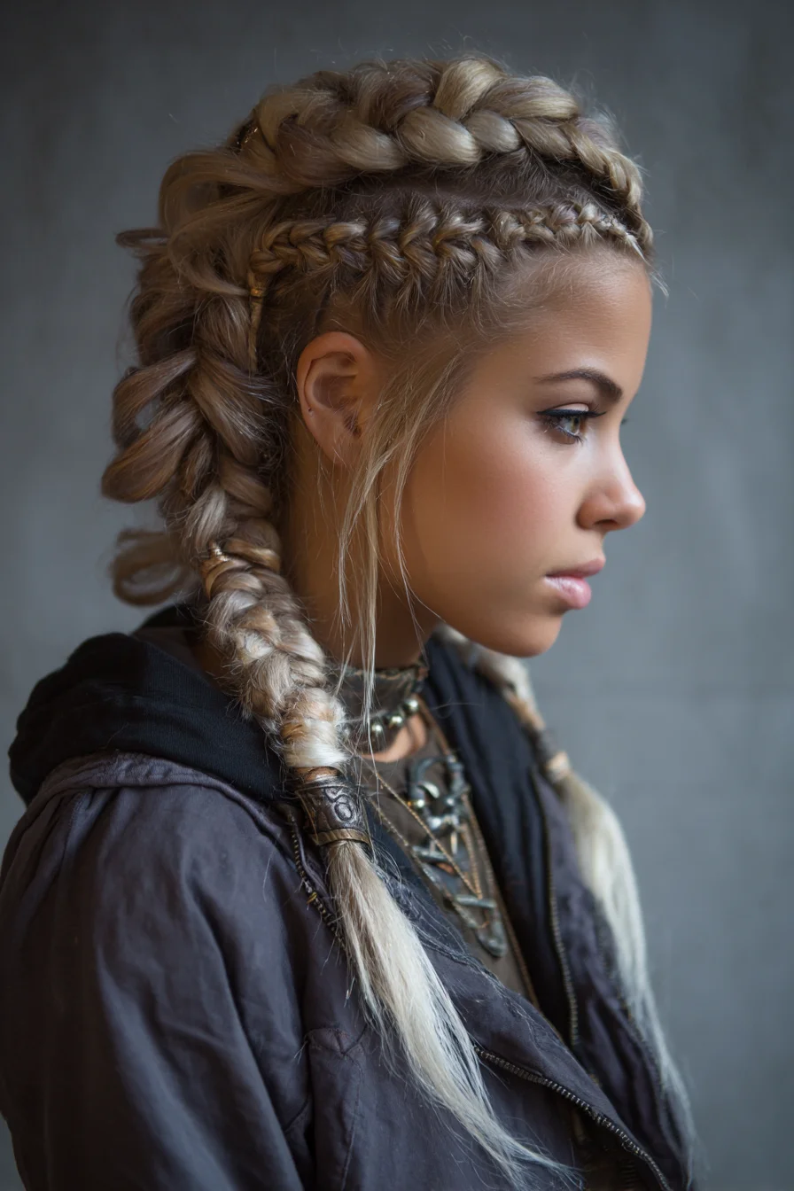 Chunky Viking-Inspired Dutch Braids with Accent Cornrows and Hair Cuffs