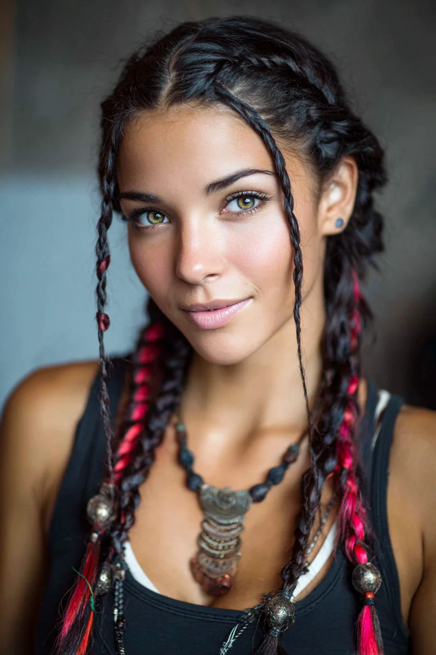 Cornrow Braids with Colored Extension Plaits and Bead Accents