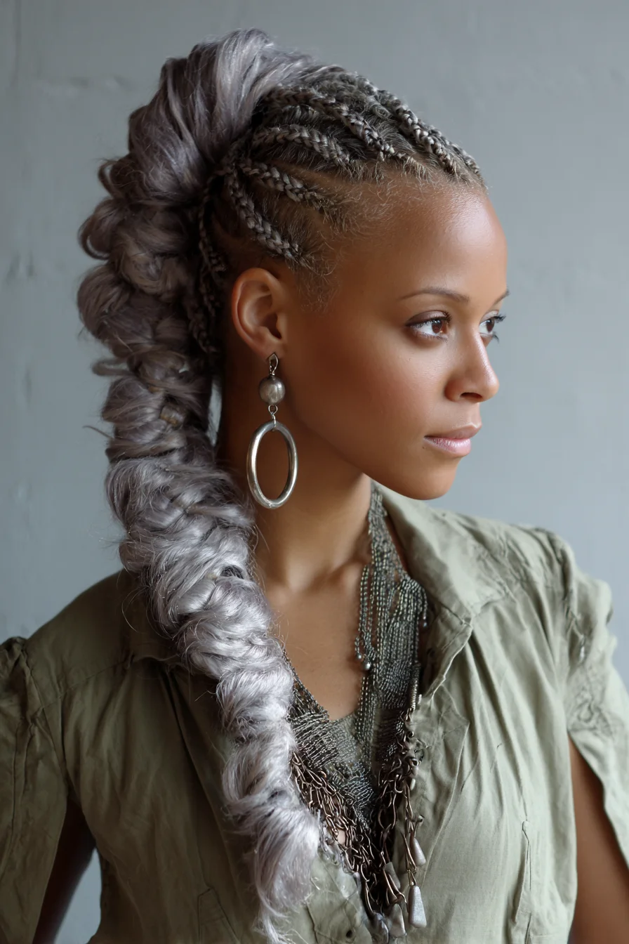 Cornrow Mohawk into Voluminous Wrapped Silver Braid