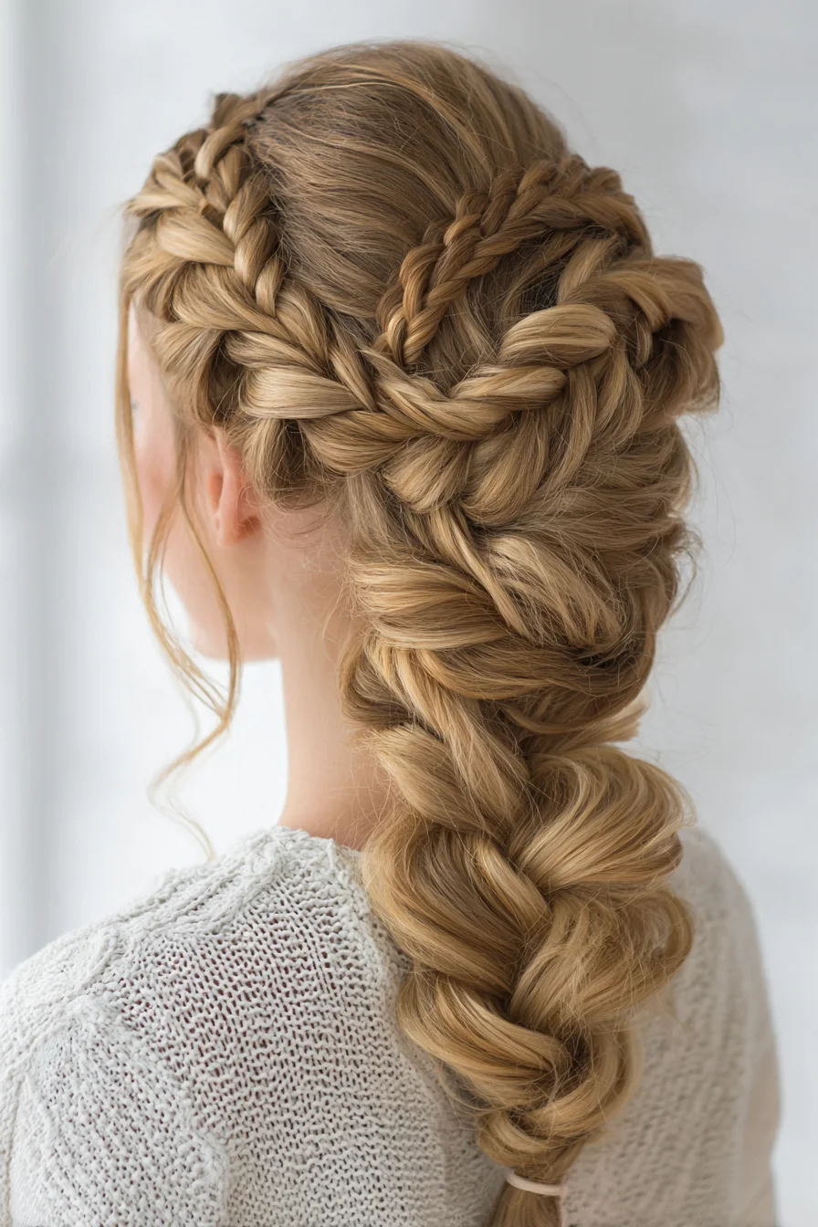 Crown Braids into Chunky Fishtail Braid — Textured Updo for Long Hair