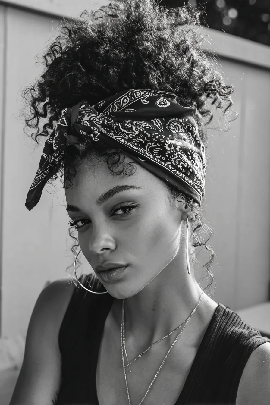 Curly High Puff with Bandana Wrap — Natural Texture Updo