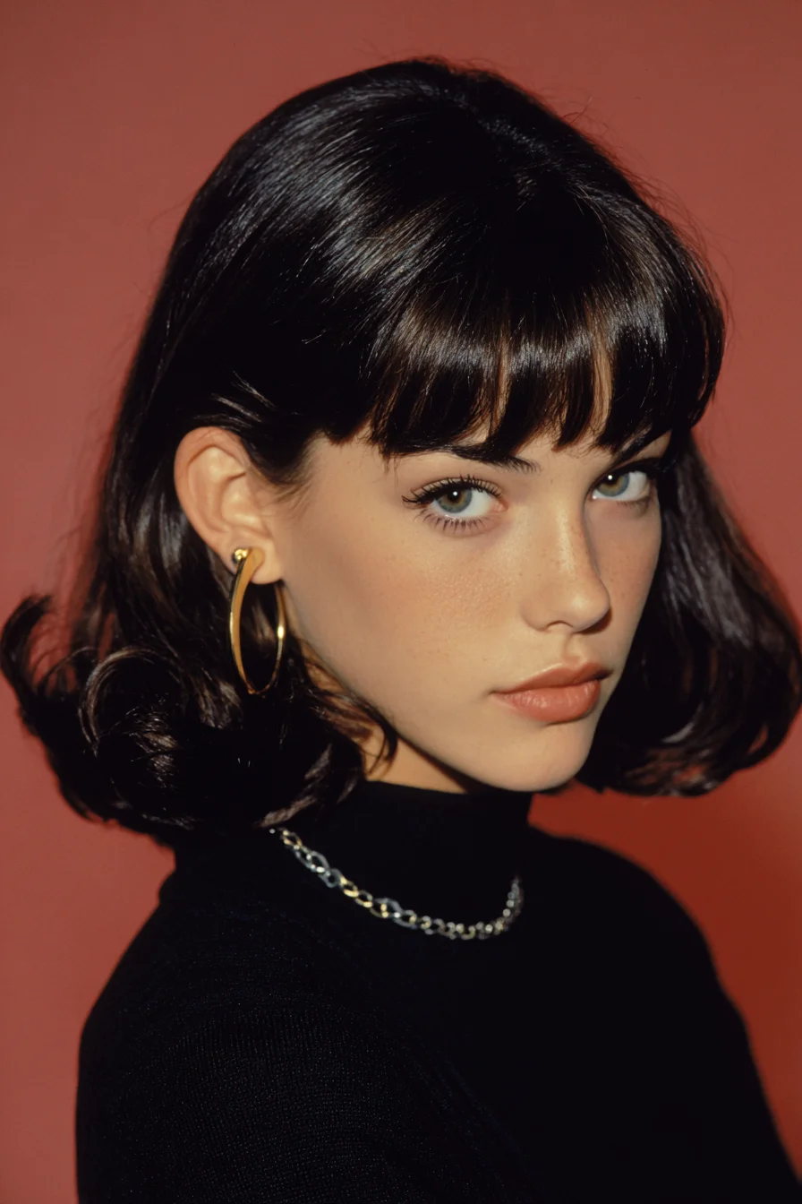 Glossy Chin-Length Bob with Blunt Bangs and Soft Inward Ends