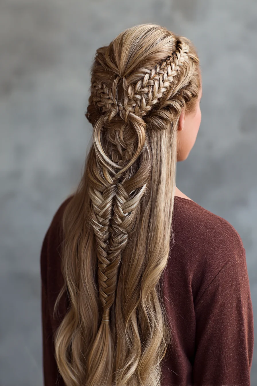 Half-Up Fishtail with Interlaced Mini Braids for Long Layered Hair