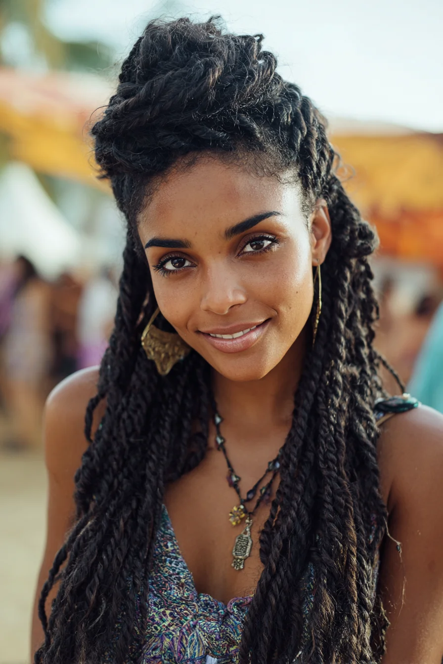 Half-Up Senegalese Twists with High Twisted Bun