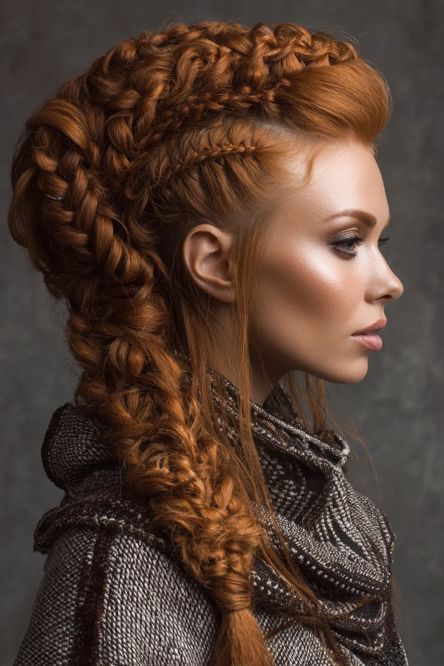 Intricate Voluminous Braided Mohawk-Fishtail Updo for Thick Red Hair