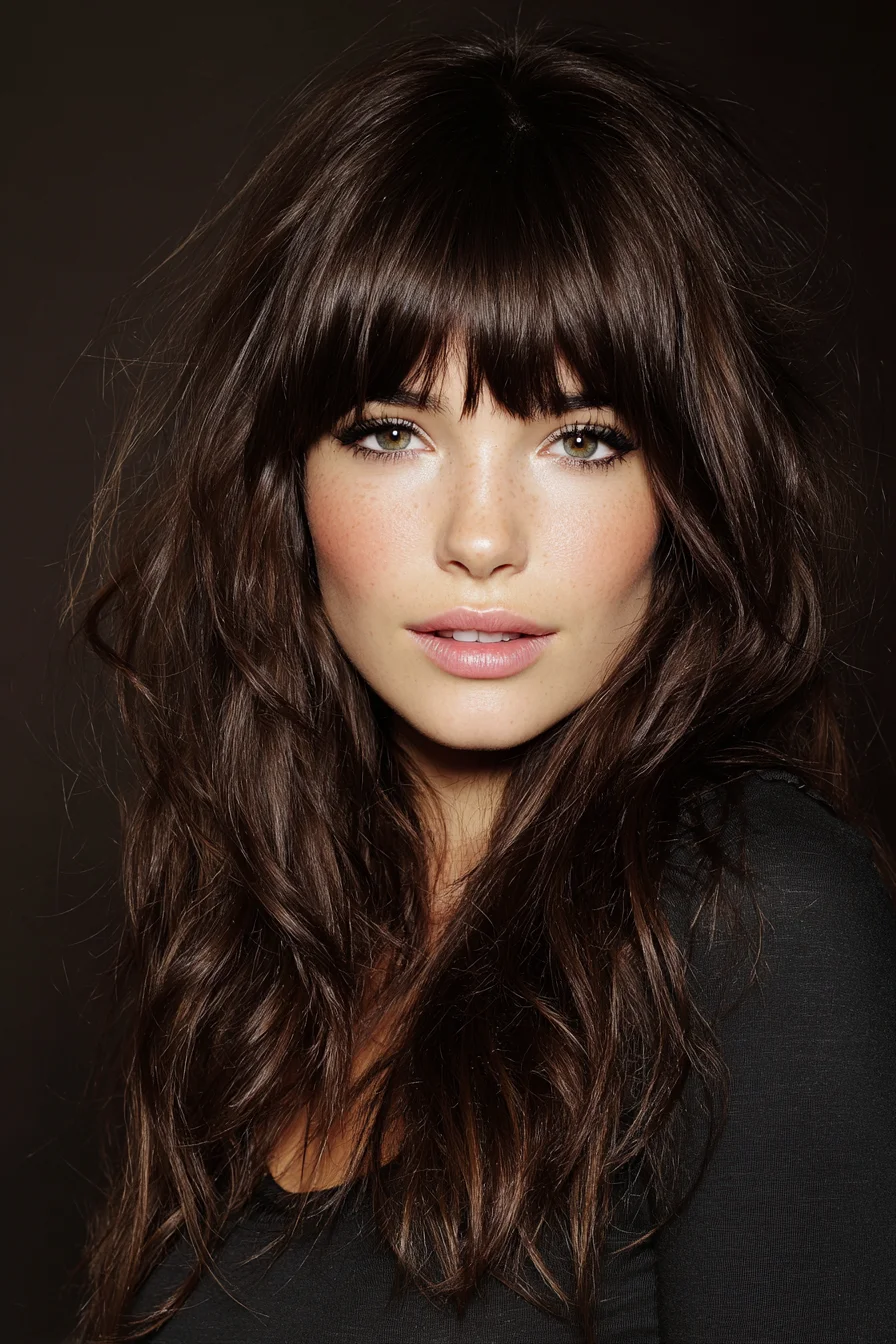 Long Layered Cut with Blunt Fringe and Beachy Waves