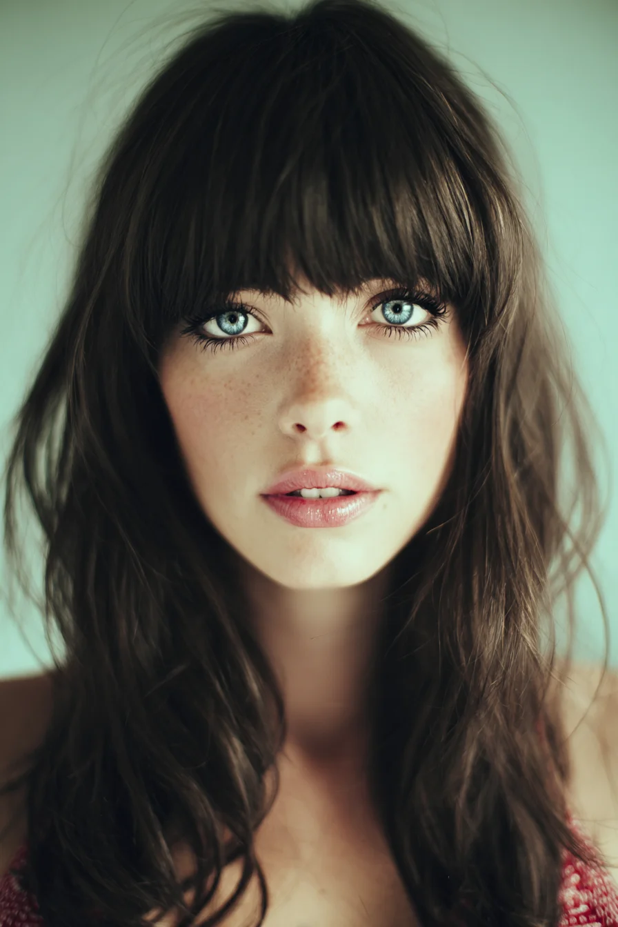 Long Layered Cut with Full Blunt Fringe and Tousled Texture