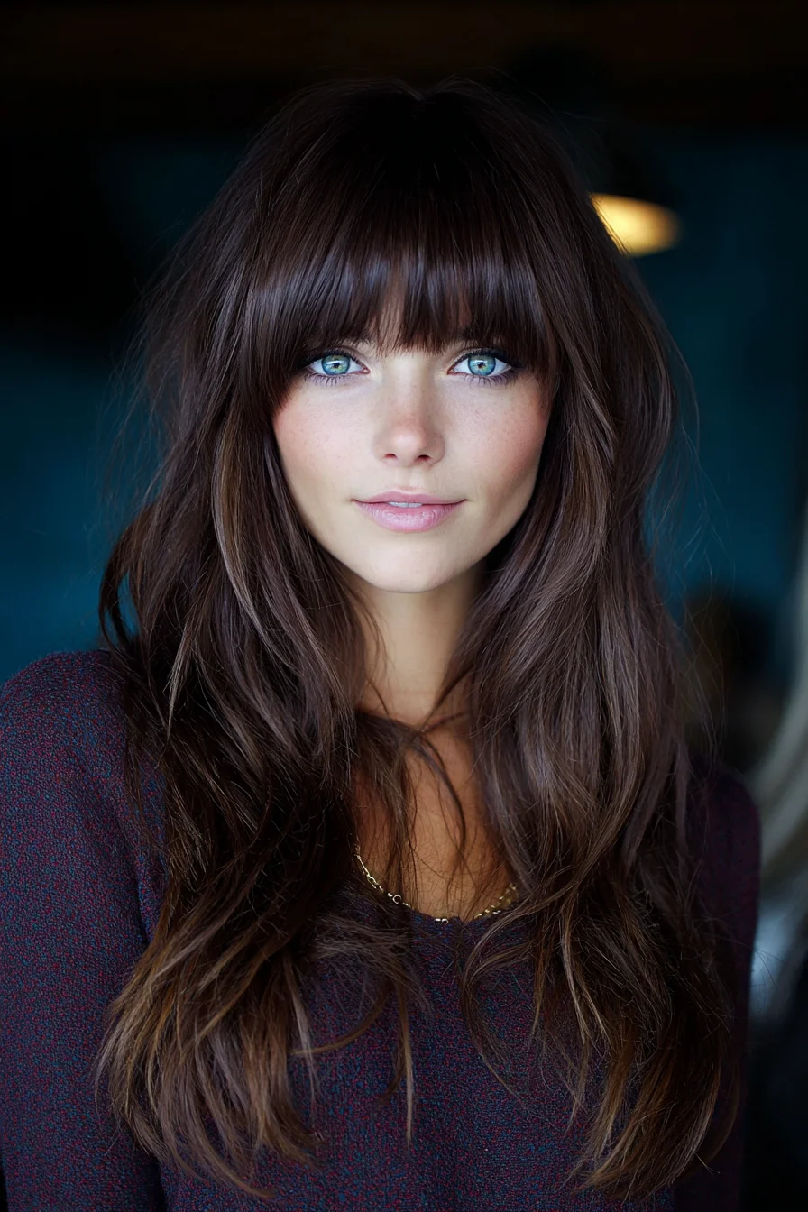 Long Layered Hair with Blunt Fringe and Soft Waves