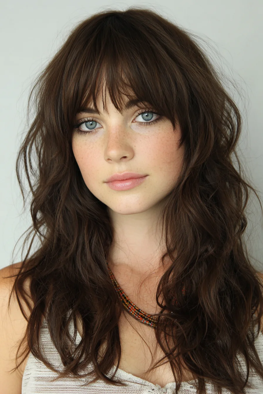 Long Layered Shag with Curtain Bangs and Textured Beach Waves