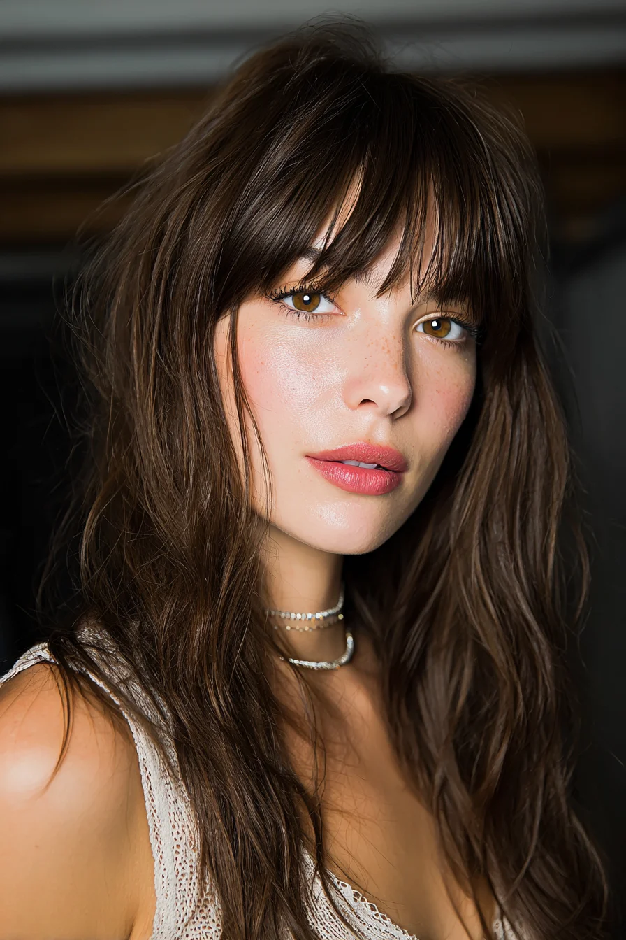 Long Layered Shag with Curtain Bangs and Textured Waves