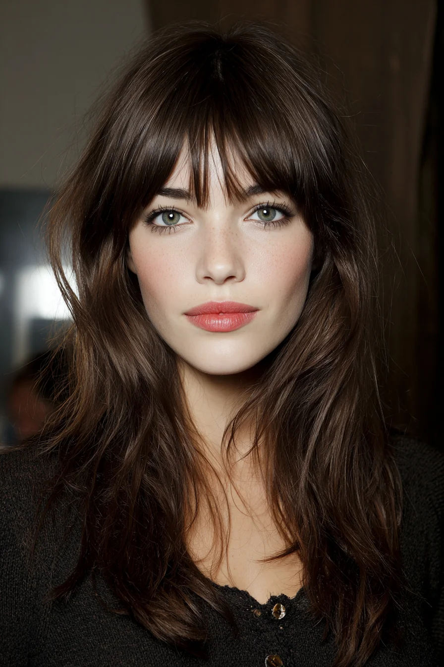 Long Layered Shag with Wispy Curtain Bangs — Textured, Face‑Framing Style