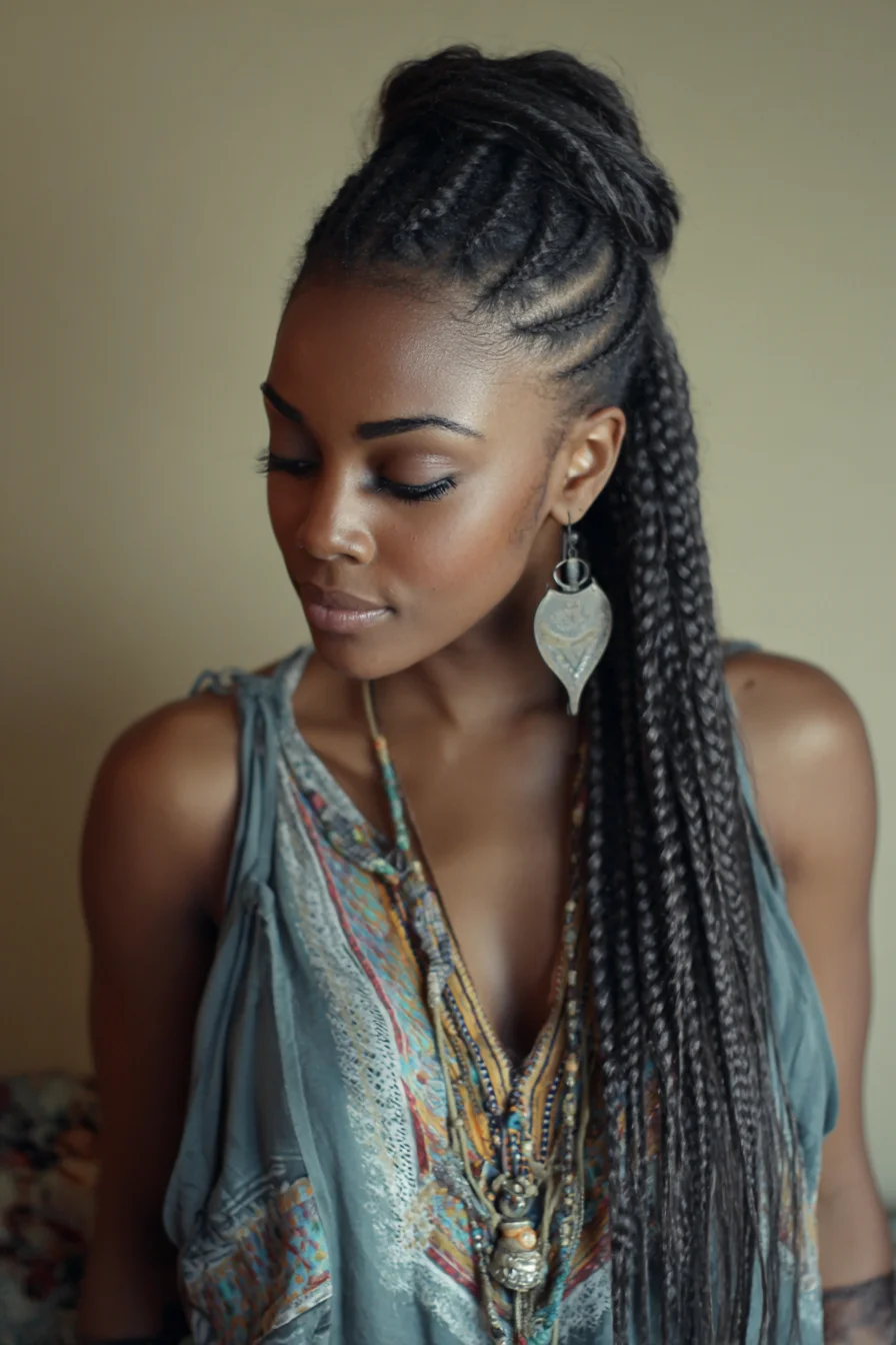 Long Micro Box Braids with Cornrowed Half-Up Bun