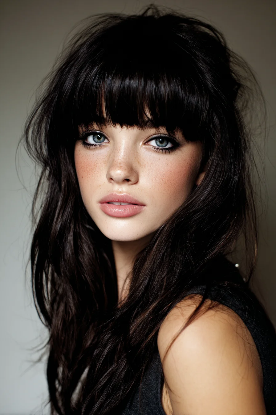 Long Textured Layers with Full Blunt Fringe (Bangs)