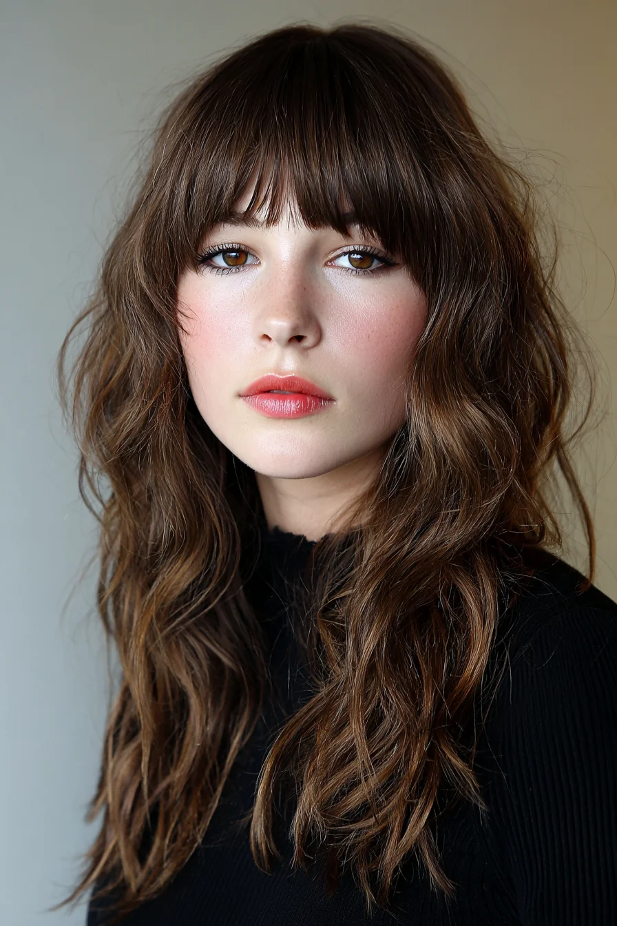 Long Textured Shag with Full Fringe — Layered Waves & Soft Blunt Bangs