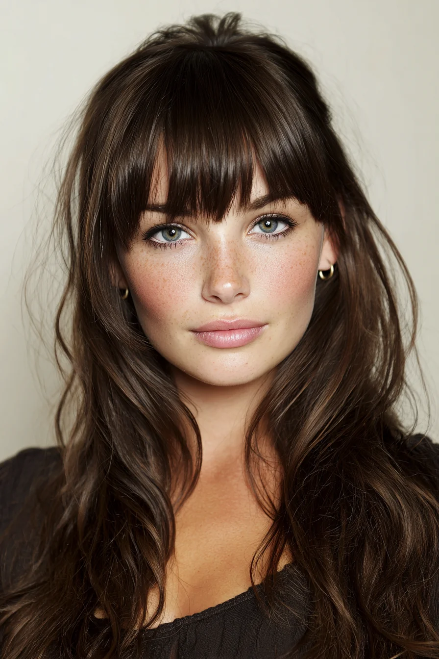 Long Tousled Layers with Blunt Bangs and Soft Crown Volume