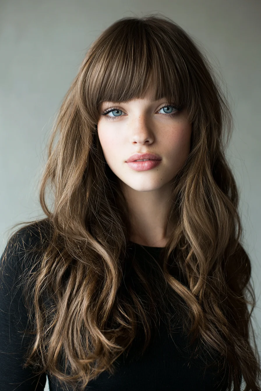 Long Wavy Layers with Full Blunt Fringe — Soft Face‑Framing Hairstyle