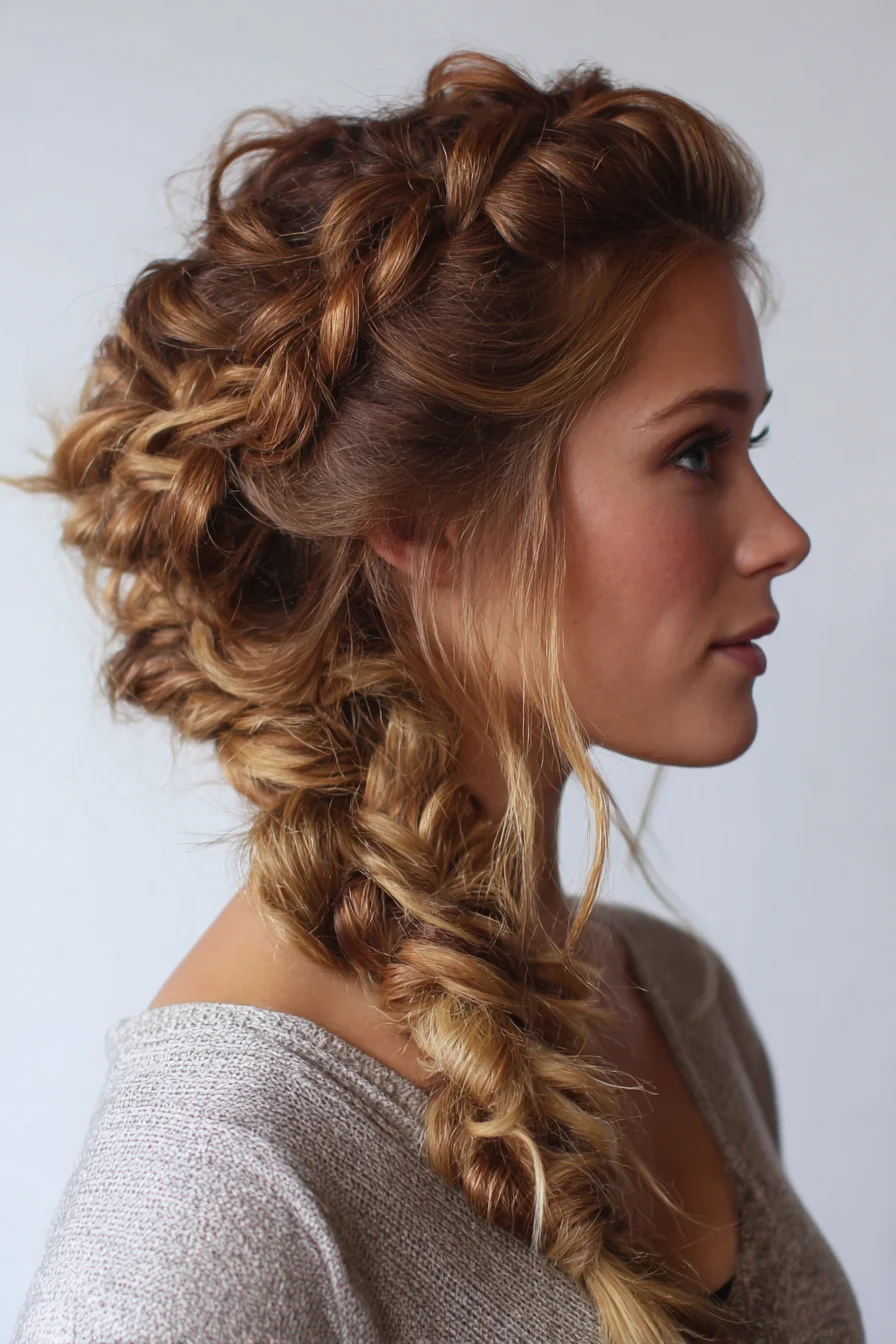 Loose Textured Dutch-to-Fishtail Braid Updo for Medium to Long Hair