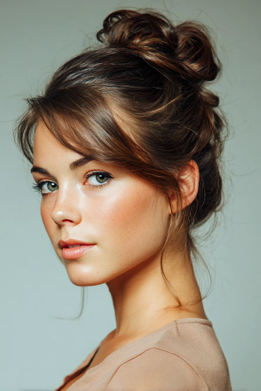 Loose Textured High Bun with Wispy Face‑Framing Layers