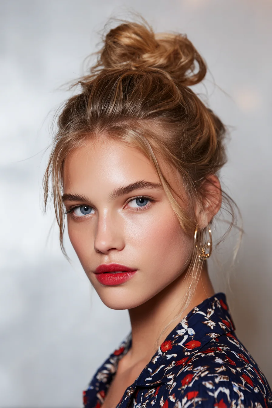 Loose Textured Topknot Bun with Face‑Framing Tendrils