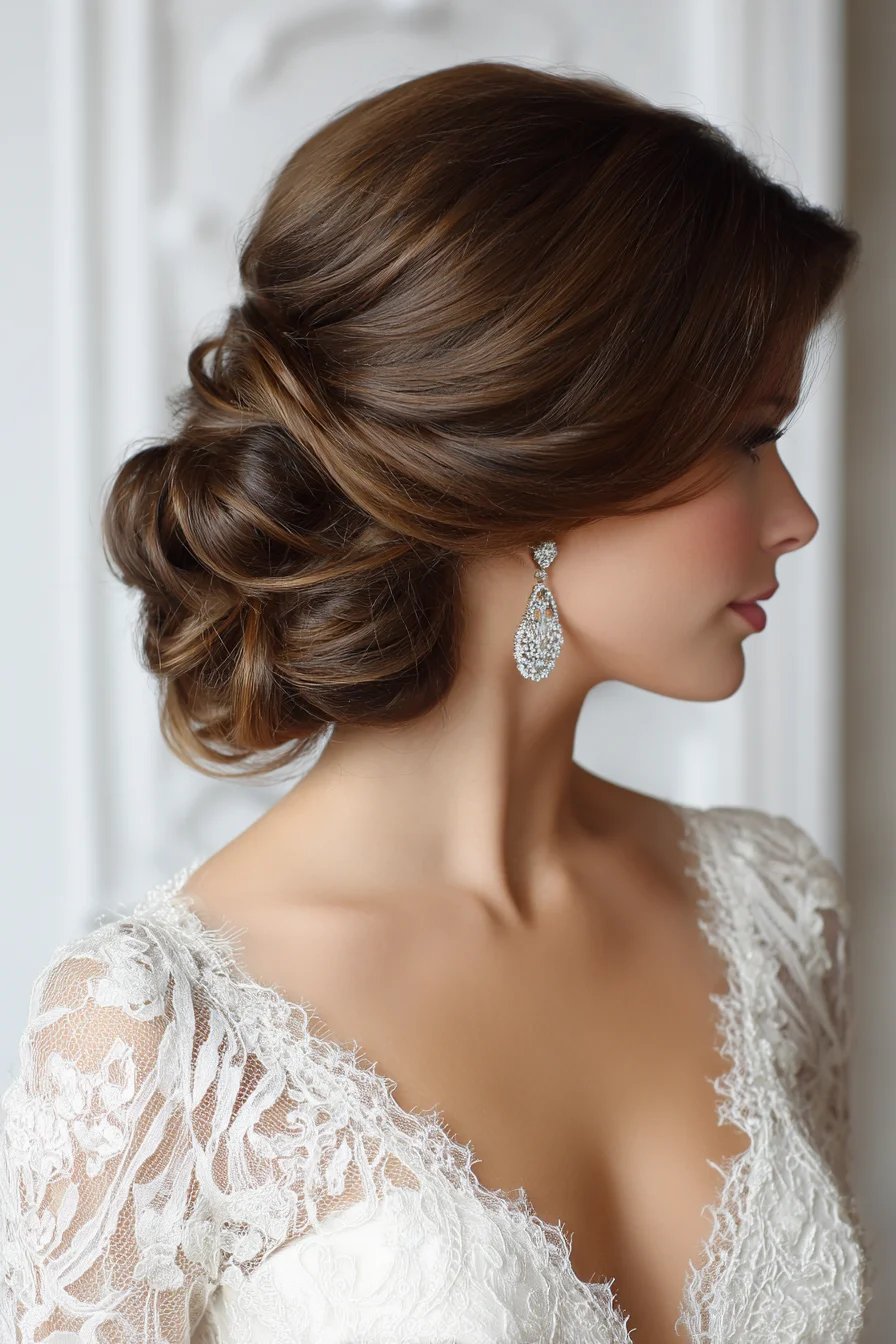 Low Twisted Bridal Bun with Soft Side-Swept Fringe