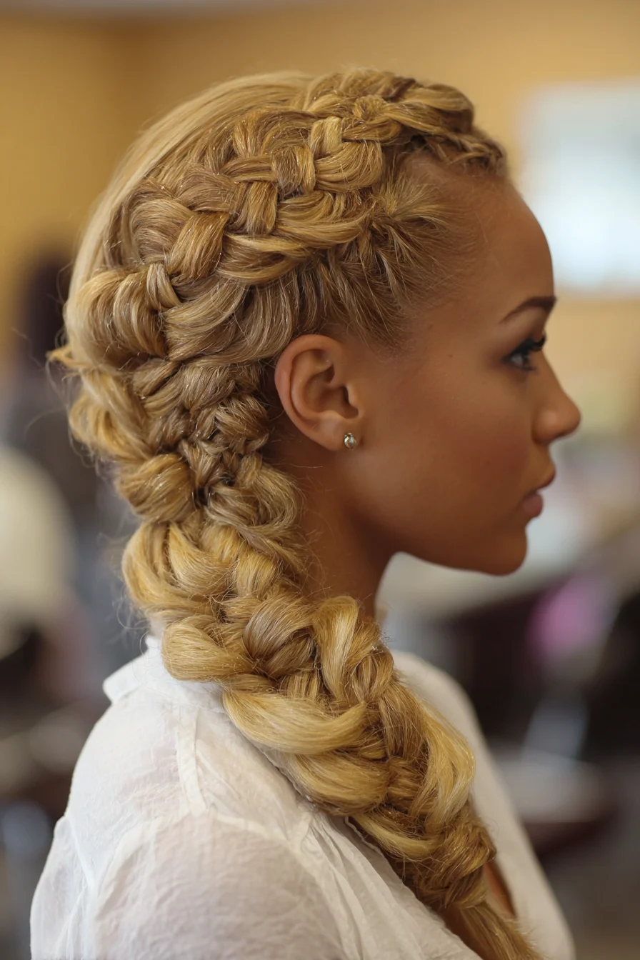 Luxe Double Dutch Crown Into Voluminous Side Braid — Braided Updo for Thick Hair