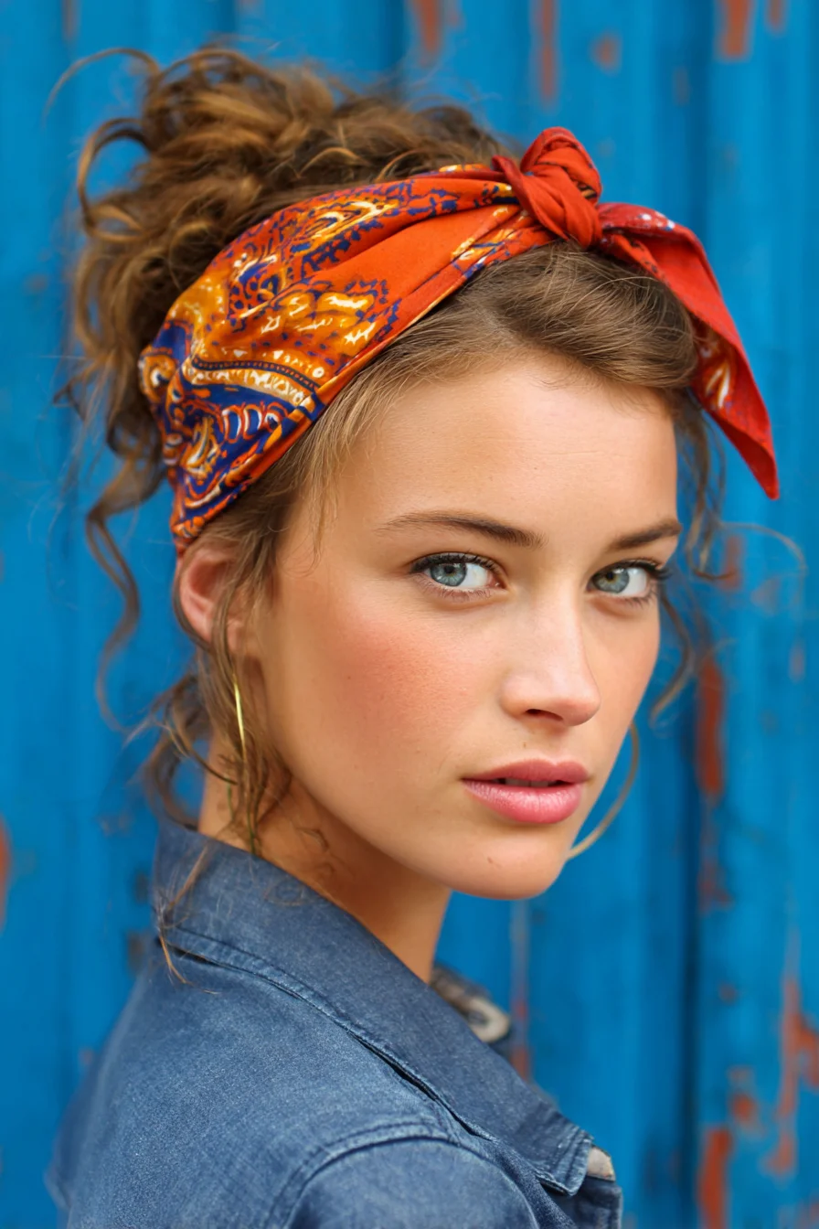 Messy Curly High Bun with Knotted Bandana