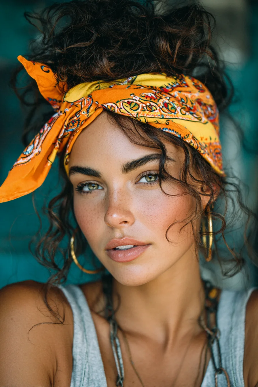 Messy Curly Top Knot with Bandana Headband