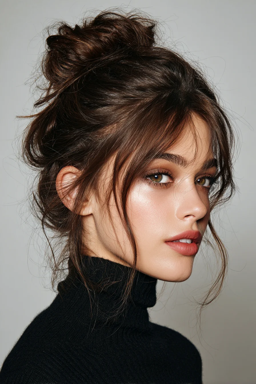 Messy High Bun with Curtain Bangs — Textured Top Knot for Medium to Thick Hair