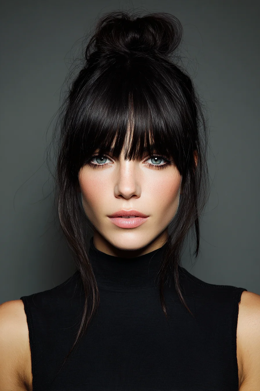 Messy High Topknot with Blunt Fringe and Face‑Framing Layers