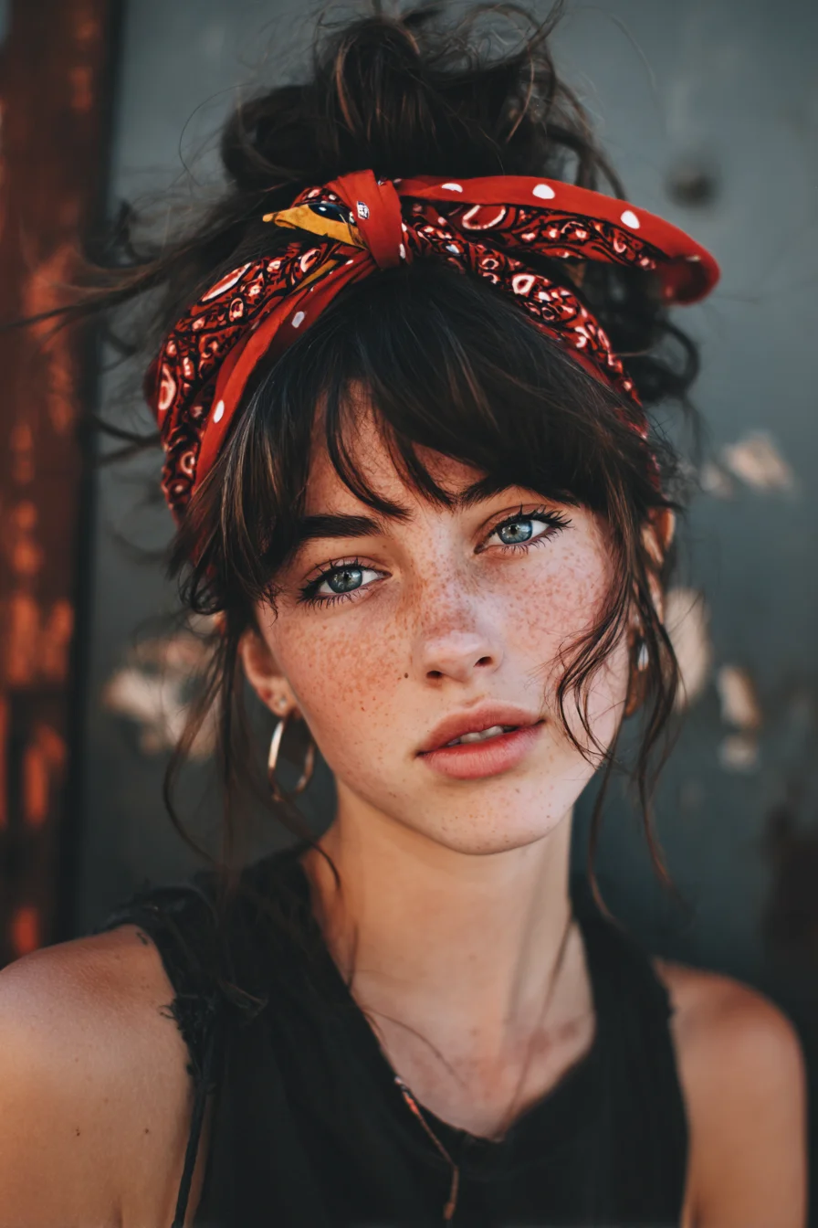 Messy Top Knot with Bandana and Curtain Bangs