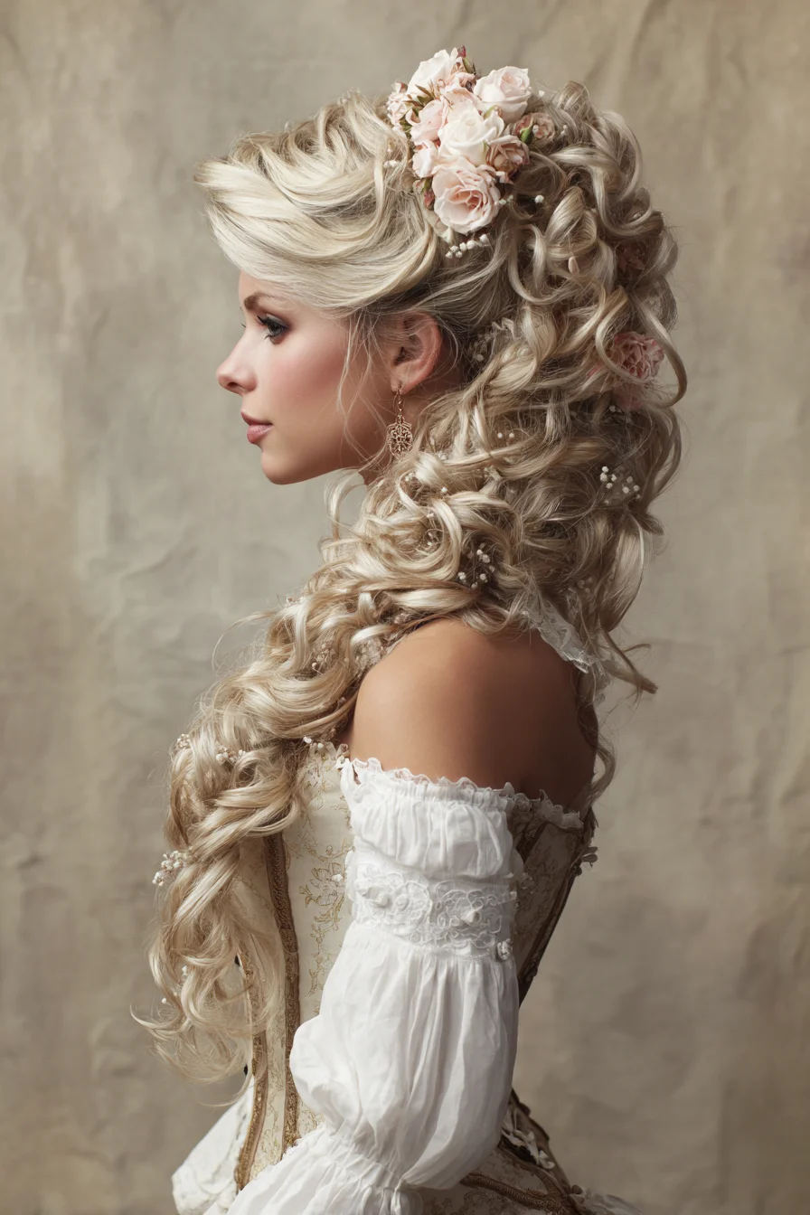 Romantic Half-Up Curled Bridal Updo with Floral Accents