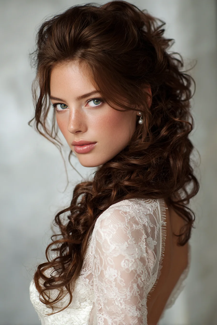 Romantic Half-Up Loose Curls with Crown Volume and Face‑Framing Tendrils