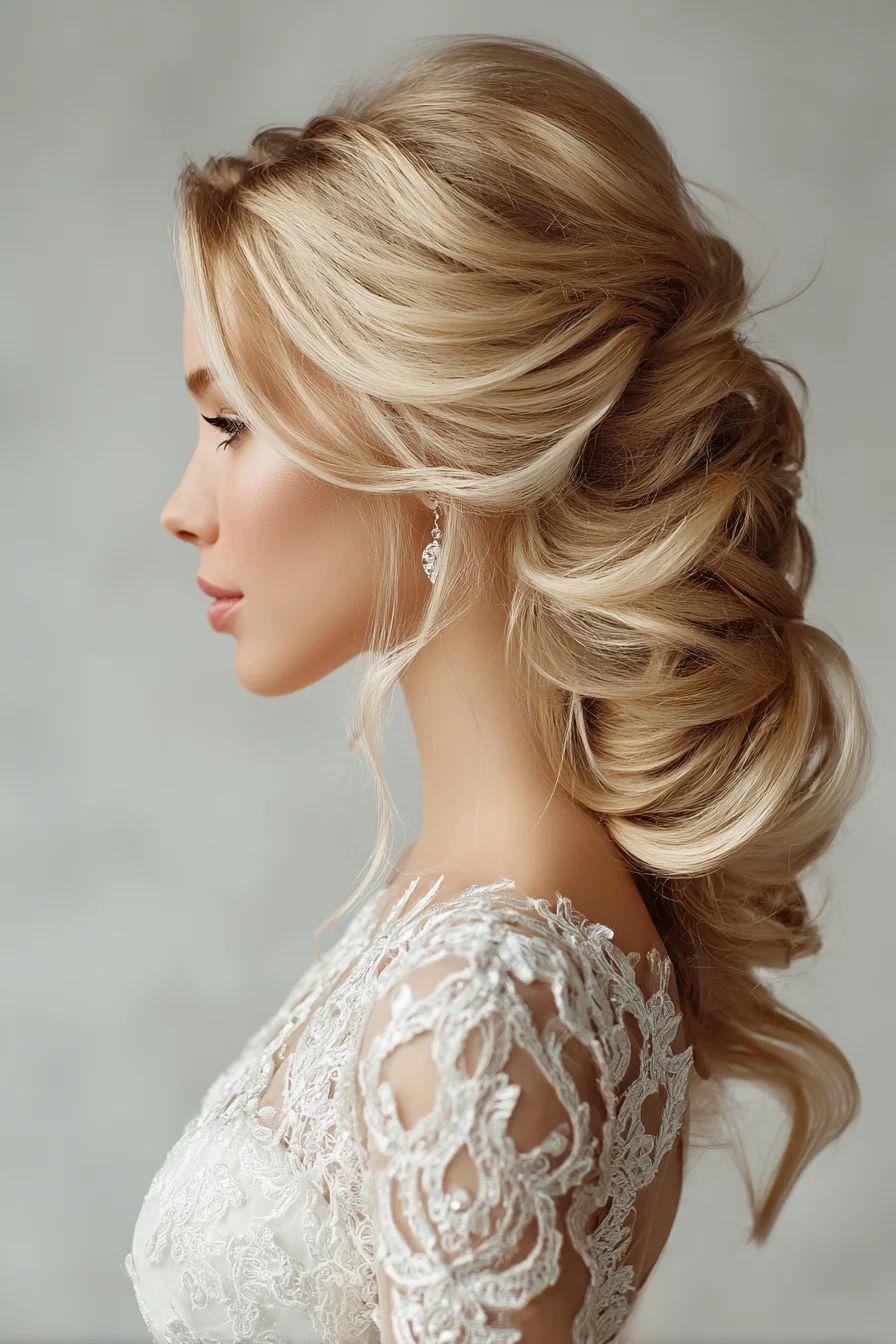 Romantic Textured Low Updo with Soft Face-Framing Waves